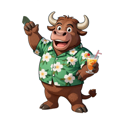 Bizzo Casino Bison Maskottchen winkt mit Cocktail am Strand