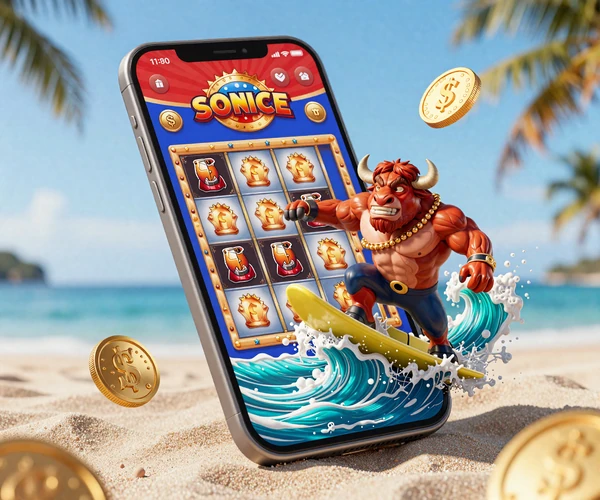 Bizzo Casino Mobile Experience auf dem Smartphone mit surfendem Bison