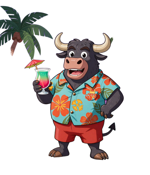 Bizzo Casino Bison Maskottchen in Hawaiihemd mit Cocktail am tropischen Strand